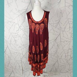 Asha Red Paisley Tie Dye Embroidered Round Neck Flowy Swing Dress
